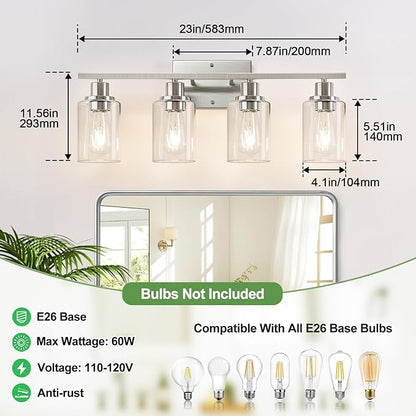 4-Light Bathroom Light Fixtures, Brushed Nickel Vanity Lights with Clear Glass Shades, Modern Bathroom Wall Lamp for Mirror Living Room Cabinet Bedroom Porch