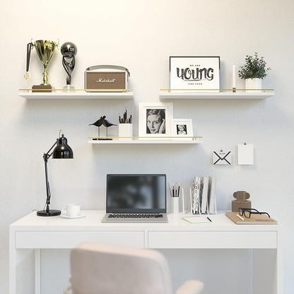 WOPITUES Floating Shelves 24 inch with Gold Metal Guardrail, Shelves for Wall Decor Set of 3, Wall Shelves for Bedroom, Bathroom, Kitchen, Living Room, Plants, Picture Frames, Art- White and Gold