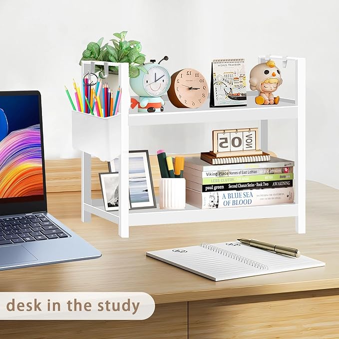 Bathroom Organizer Countertop with Basket & Hooks, 2 Tier Shelf Bathroom Organizers and Storage for Perfume, Cologne, White Countertop Organizer for Vanity, Kitchen, Office or Under Sinks