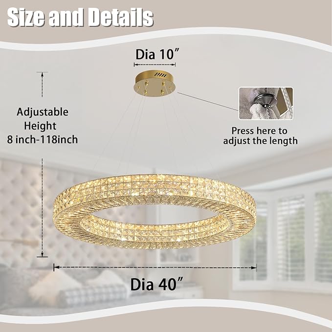 Dia 40" Modern Crystal Chandelier Ring Chandelier Adjustable Height Luxury Crystal Pendant Ceiling Light Fixture for Dining Living Room Bedroom