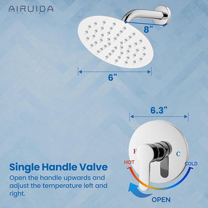 Airuida Shower Faucet Set,Single Function Shower Trim Kit,Wall Mount 6 Inch Round Rainfall Shower Head and Handle Set,Single Handle Shower System Set Male Threads Rough-in Valve Chrome Polish