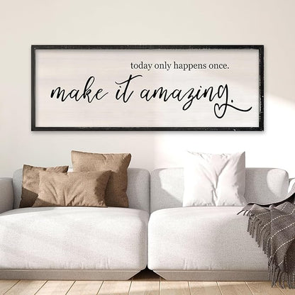 RLWangChao Today Only Happens Once Make It Amazing Wall Art Decor 40x15 Inch Large Inspirational Quote Sign Rustic Living Room Vintage Wood Frame Office Motivational Home Wall Hanging (Black)