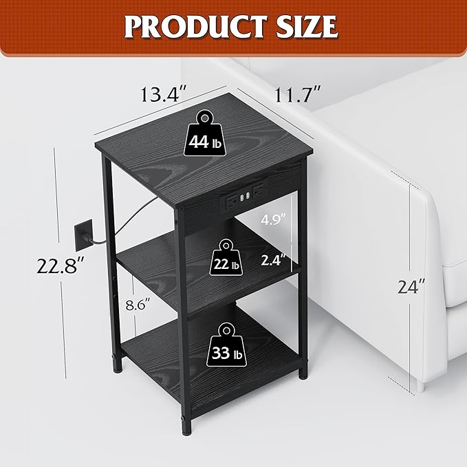 WLIVE Black End Table with Charging Station, Slim Night Stand with 3 Storage Shelves, Small Side Tables for Small Spaces, Bedside Tables for Living Room, Bedroom
