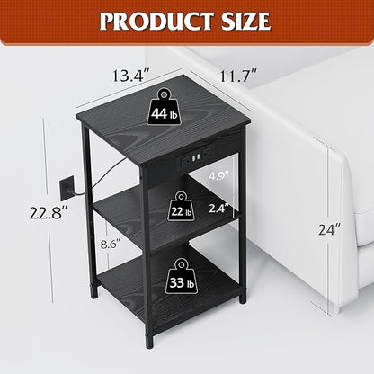 WLIVE Black End Table with Charging Station, Slim Night Stand with 3 Storage Shelves, Small Side Tables for Small Spaces, Bedside Tables for Living Room, Bedroom