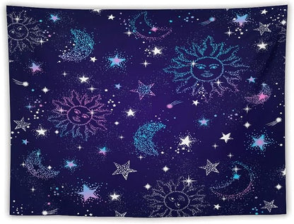 HZOHNAGO Boho Sun Moon Tapestry Purple Blue Sun Stars Galaxy Pattern Printed Wall Tapestry Wall Hanging for Bedroom Living Room Dorm 80" W x 60" H
