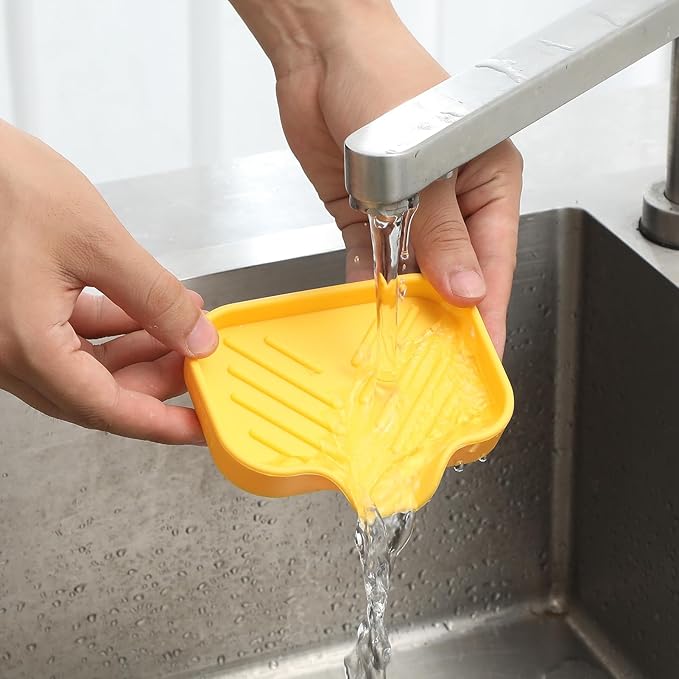 Silicone Bathroom Soap Dishes with Drain Spout-Bathroom and Kitchen Sink Organizer,Sponge Holder,Dish Soap Tray,Perfect for Dispenser,Scrubber,Bottle,Cup on Sink or Counter-Yellow 4.9"×3.2"