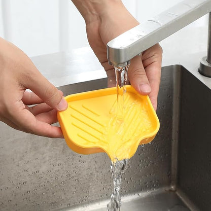 Silicone Bathroom Soap Dishes with Drain Spout-Bathroom and Kitchen Sink Organizer,Sponge Holder,Dish Soap Tray,Perfect for Dispenser,Scrubber,Bottle,Cup on Sink or Counter-Yellow 4.9"×3.2"