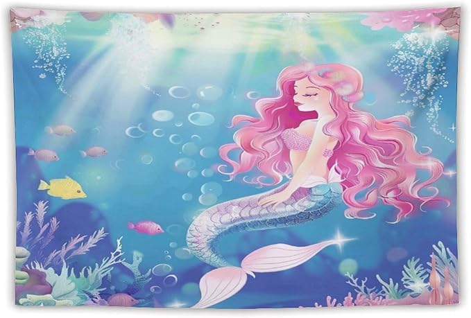 HZOHNAGO Mermaid Girls Tapestry Watercolor Mermaid Princess Pink Hair Pattern for Kids Room Decoration Printed Wall Tapestry Wall Hanging for Bedroom Living Room Dorm 90" W x 60" H