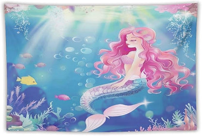 HZOHNAGO Mermaid Girls Tapestry Watercolor Mermaid Princess Pink Hair Pattern for Kids Room Decoration Printed Wall Tapestry Wall Hanging for Bedroom Living Room Dorm 90" W x 60" H