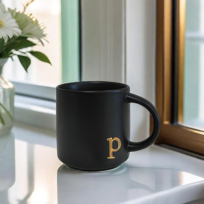 COLLECTIVE HOME - Black Monogram Ceramic Mugs, 15 oz Golden Initial Coffee Cups, Elegant Alphabet Tea Mugs, Personalized Halloween Mug with Gift Box, Perfect for Office and Home Décor (p)