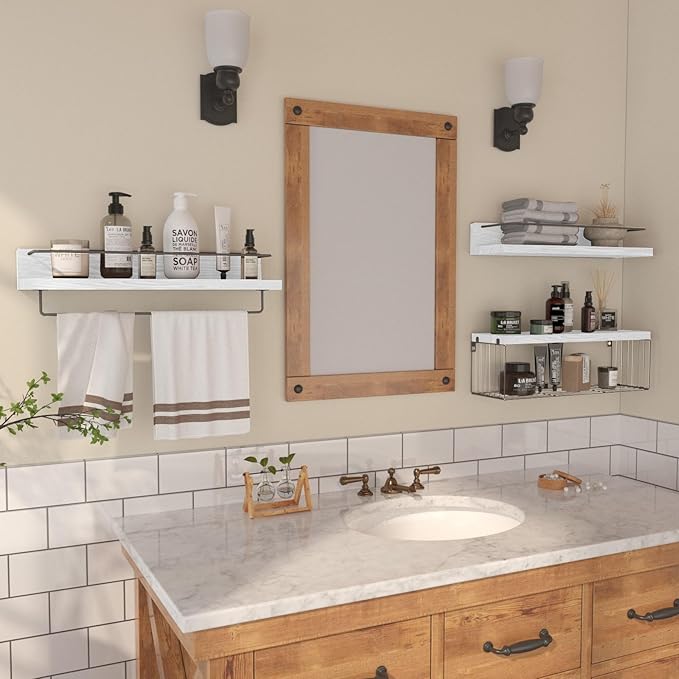 22.5 inches Bathroom Shelves Over Toilet for Wall, Floating Shelves with Storage Basket Paper Holer for Kitchen Living Room, Bedroom & Classroom, Set of 3 (White and Grey)