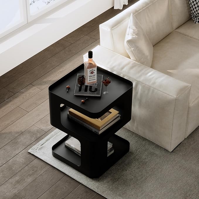 Side Table,Modern end Table,Unique nightstand,Bedside Table,Black Metal Night Stand with Storage,Accent Side Table for Couch,Bedroom,Living Room.No Assembly Required