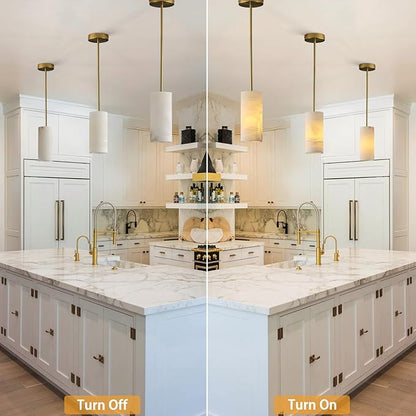 Alabaster Pendant Light Kitchen Island, H-9.5in Brass Pendant Light Fixtures with Natural Marble Shade, Adjustable Ceiling Pendant for Dining Room, Living Room, Bedroom & Bathroom