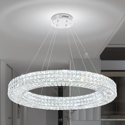 Dia 32" Ring Crystal Chandelier Modern Silver Ring Chandelier Adjustable Height Luxury Crystal Pendant Ceiling Light Fixture for Dining Living Room Bedroom