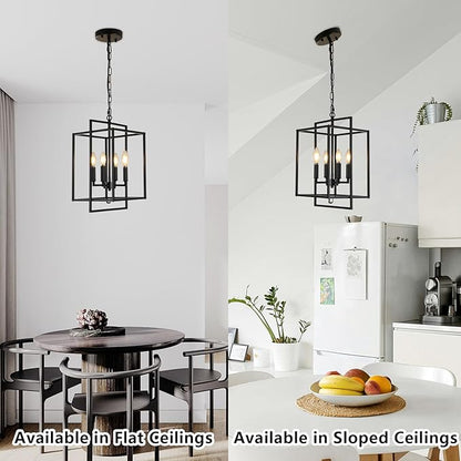 4-Light Vintage Black Chandelier, Foyer Lighting Fixtures Farmhouse Chandeliers for Dining Room, Modern Industrial Lantern Pendant Light for Kitchen Island Entryway Stairway