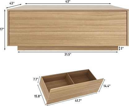 43” Square Coffee Table with Storage, 43" D x 43" W x 17" H Modern Large Square Center Table with 2 Drawers, Wood Coffee Table for Living Room, Light Brown,Bedroom,Light Brown