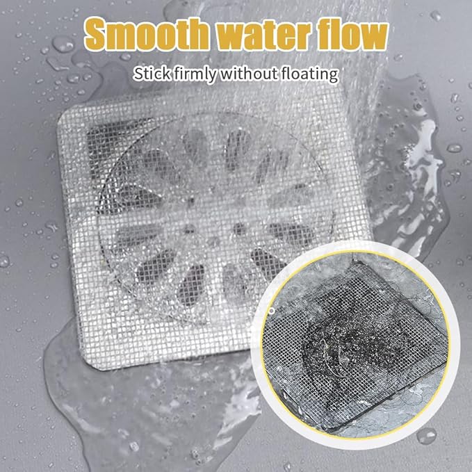 Disposable Hair Drain Stickers, Upgrade Disposable Shower Drain Cover Hair Catcher Bathroom Shower Drain Protector, Mesh Cover Floor Drain Sticker, Square Screen, Easy to Install (10)