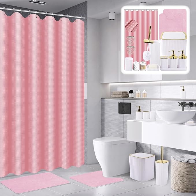 Bathroom Accessories Set- 25PC White Bathroom Set, Bathroom Set with Shower Curtain and Rugs, Pink Shower Curtain Set, Soap Dish & Trash Can