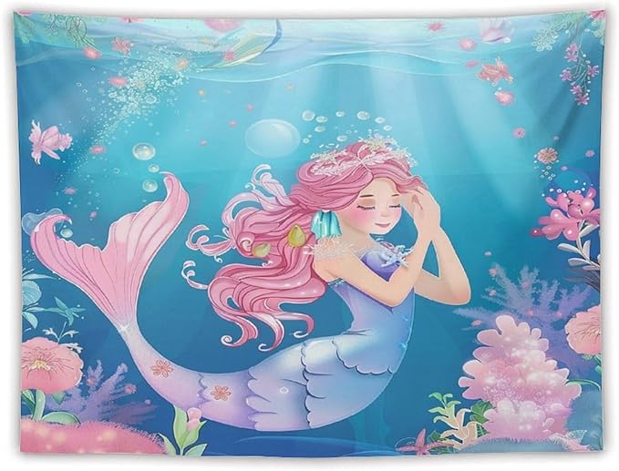 HZOHNAGO Mermaid Girls Tapestry Watercolor Flowers Mermaid Princess Blessing Pattern for Kids Room Decoration Printed Wall Tapestry Wall Hanging for Bedroom Living Room Dorm 80" W x 60" H