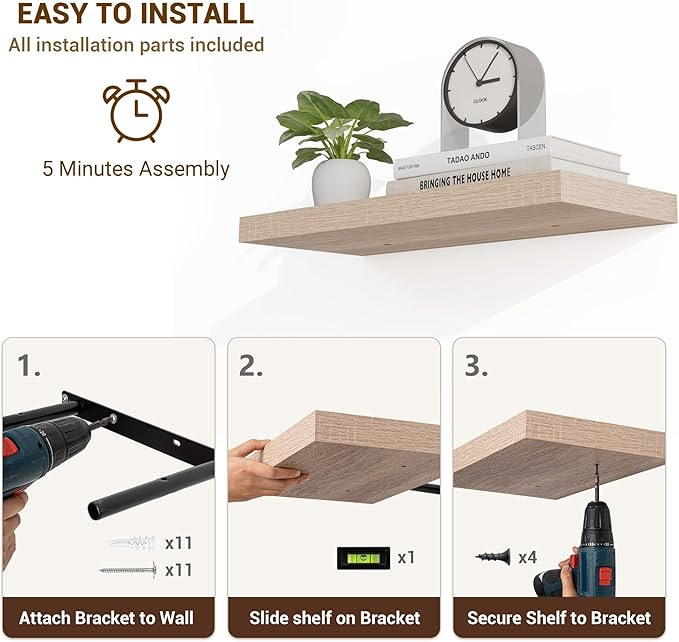 36 Inch Floating Shelves, 3D Textured Wood Grain, 36"x9.25"x1.5" Inch Deep Floating Shelves for Wall, Wooden Shelves for Bathroom, Bedroom, Living Room, Vintage White Oak, 2 Pieces