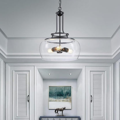 WUZUPS Chandelier Rustic Farmhouse Industrial Round Ceiling Pendant LED Light Fixture Clear Seeded Glass Shade for Dining Room Kitchen Island Foyer Entryway, H 20.9" x W 15.9", Black