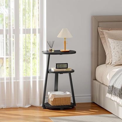 Side Table, Small End Table with Metal Frame, 3-Tier Bedside Tables, Round Side Tables for Living Room Bedroom Couch Bathroom, Oval, Pure Black