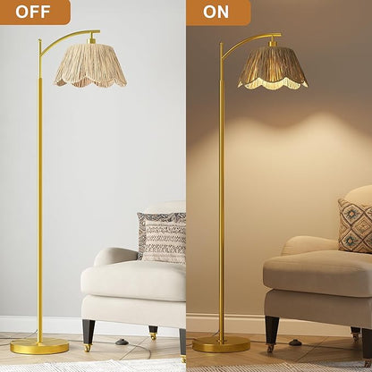 Oneach Boho Floor Lamp with 3 Color Temperatures, Farmhouse Floor Lamps for Living Room with Remote & Dimmable Bulb, Rattan Floor Lamp for Bedroom, Gold