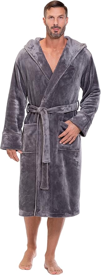 Turquaz Plush Robes For Men, Soft Fuzzy Hooded Mens Bathrobes, Long Comfy Robe For Men