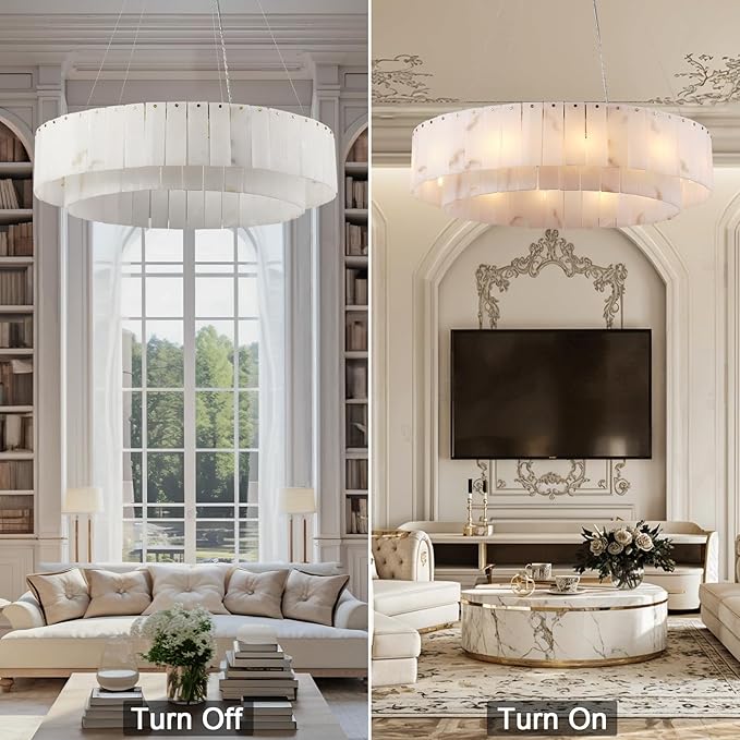 Alabaster Round Chandelier, D31in Modern Dining Room Chandeliers, Marble Pendant Lights Kitchen Island, Drum Chandelier for Dining Room Light Fixture, Living Room, Bedroom Lights, Foyer, Kitchen