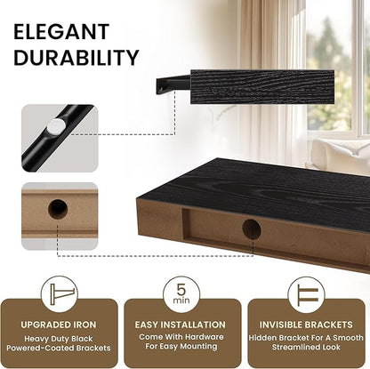 Square Floating Shelves for Wall, 10" W x 10" D x 1.2" H, Small Wooden Wall Mounted Display Shelves with Invisible Brackets for Living Room, Bedroom, Bathroom, Kitchen Decor, Set of 4, Black