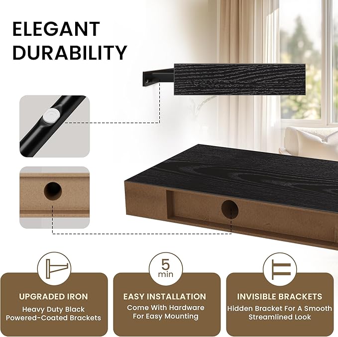 Square Floating Shelves for Wall, 12" W x 12" D x 1.2" H, Small Wooden Wall Mounted Display Shelves with Invisible Brackets for Living Room, Bedroom, Bathroom, Kitchen Decor, Set of 3, Black