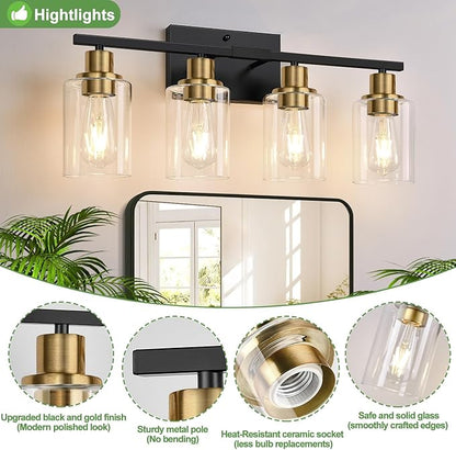 4-Light Bathroom Light Fixtures, Black and Gold Modern Vanity Lights with Clear Glass Shades, Bathroom Wall Lamp for Mirror Living Room Cabinet Bedroom Porch
