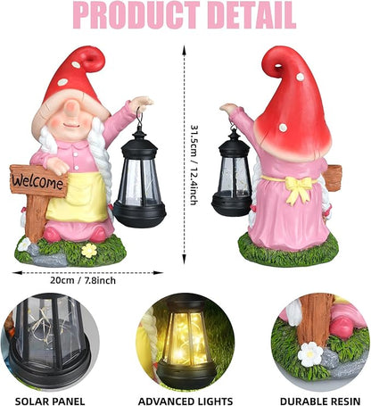 Solar Garden Gnome Statue Holding LED Lantern with Welcome Sign Outdoor Ornaments Waterproof Christmas Decoration for Outside Patio Yard Lawn Decor (Pink)