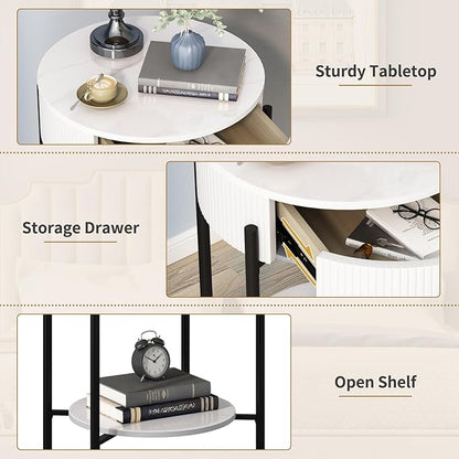 OIOG Round End Table with Drawer, Modern 2 Tier NightStand with Shelf, Small Side Table with Sintered Stone Tabletop for Living Room, Bedroom, Dorm, and Office, Marbling Natural Stone/White