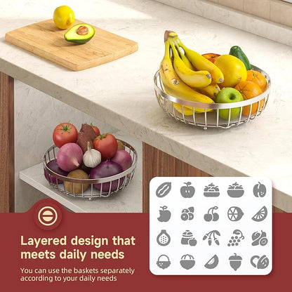 2 Tier Fruit Basket for Kitchen Counter with 2 Banana Hangers, Metal Stackable Fruit Bowl for Kitchen Counter for Bread Vegetable Fruits, Silvery