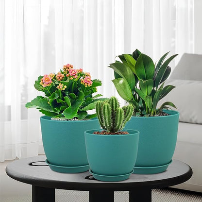 9/8/7.5 inch Flower Pots, 3 Pack Modern Plastic Planters with Drainage Holes and Trays for House Plants, Plant Pots for Indoor Outdoor Plants, Blue Green