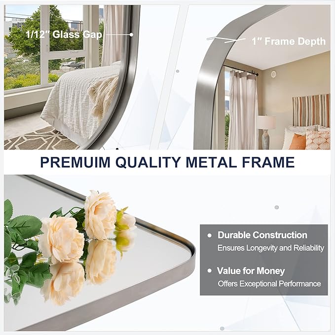 ANDY STAR Brushed Nickel Bathroom Mirror, 30x40” Oblong Mirror with Stainless Steel Metal Frame, Silver Oval Vanity Mirror for Over Sink, Modern Anti Rust Wall Mounted