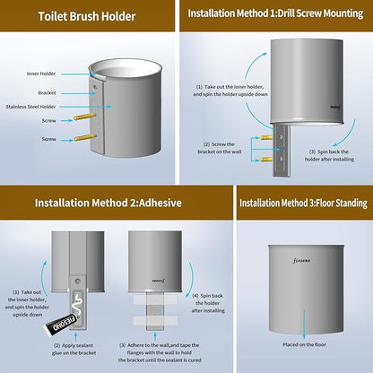 Toilet Brush and Holder Set, Bathroom Cleaner Brush Set with Light Brush Handle, Soft Bristle, Corrosion Resistant Holder, Wall Mounted/Floor Standing