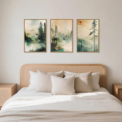 Chinoiserie Nature Framed Canvas Wall Art Set, Mountain and Forest Landscape Painting, Natural Bamboo Pine Tree Lakes Wall Decor for Living Room, Bedroom, Dining Room, Office - 16"x24"x3