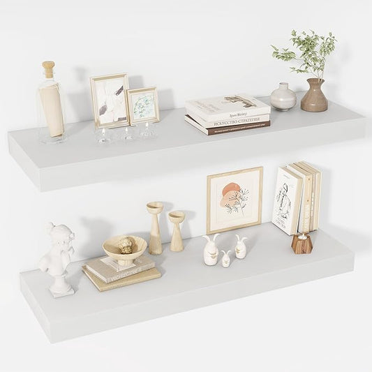 40 Inch Floating Shelves, 12" Deep Floating Shelf Wall Mounted, 40" Wall Shelves, Rustic Deep Bookshelf, Extra Deeper & Thicker Display Shelves for Bedroom, Living Room, White, Set of 2