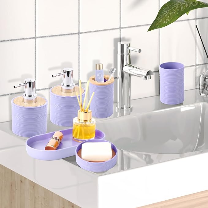 Purple Bathroom Set, Purple Bathroom Accessories Set with Trash Can, 2PCS Soap Dispensers, Soap Dish, Toothbrush Holder, Toothbrush Cup,Toilet Brush, Tray and Qtip Holders for Bathroom Decor