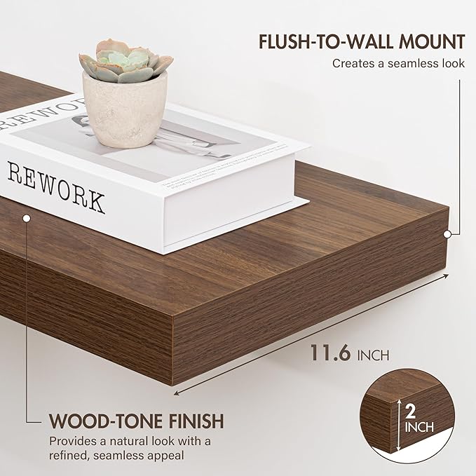 24 Inch Floating Shelves, 12" Deep Floating Shelf Wall Mounted, 24" Wall Shelves, Rustic Deep Bookshelf, Extra Deeper & Thicker Display Shelves for Bedroom, Living Room, Brown, Set of 2