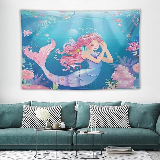 HZOHNAGO Mermaid Girls Tapestry Watercolor Flowers Mermaid Princess Blessing Pattern for Kids Room Decoration Printed Wall Tapestry Wall Hanging for Bedroom Living Room Dorm 60" W x 40" H