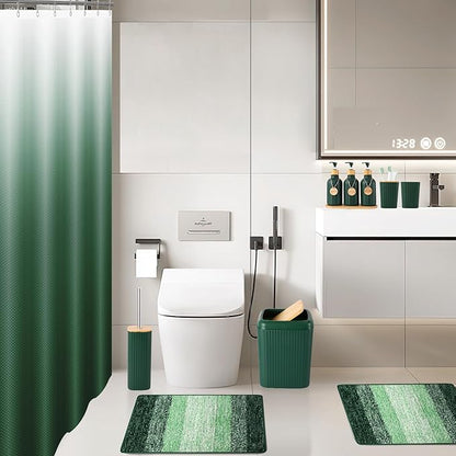 32PCS Dark Green Bathroom Accessories Set with Shower Curtain,Rugs,Trash Can,3PCS Lotion Soap Dispenser, Toothbrush Holder, Soap Dish,Tumbler Cup,6PCS Wood Tags Bath Accessories with Tray for Bathroom