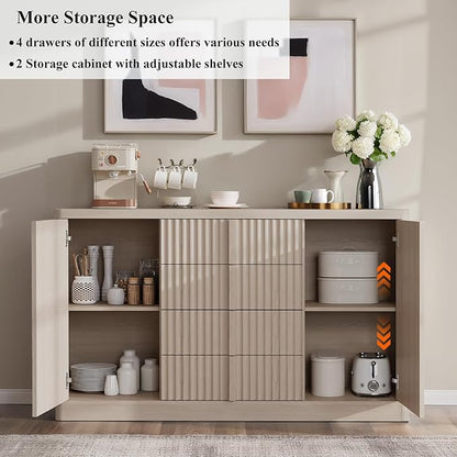 Buffet Cabinet with Storage, 60" Fluted Coffee Bar Cabinet with 4 Drawers & 2 Doors, Solid Wood Handle, Credenza Accent Storage Cabinet for Kitchen Living Dining Room, Natural Oak(1PCS)