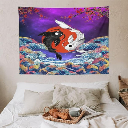 Houselerax Japanese Koi Fish Tapestry, Yin Yang Big Wave Cherry Blossom Tapestries Wall Hanging for Bedroom Living Room Office Decor 40"x30"