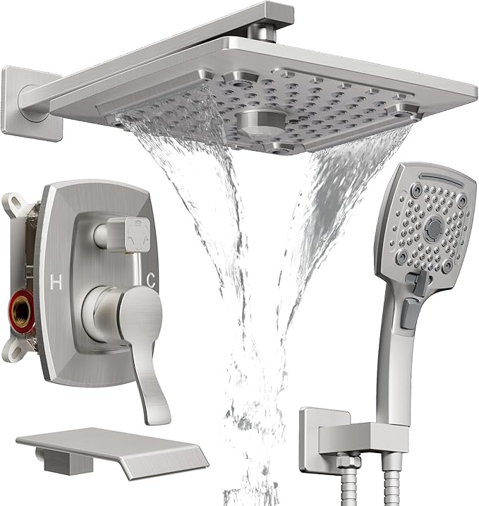 ELLO&ALLO Shower Tub Shower Faucet Set Brushed Nickel Mixing Valve and Trim Kit, Rainfall Waterfall Shower Head with Handheld Combo
