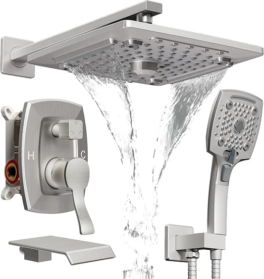 ELLO&ALLO Shower Tub Shower Faucet Set Brushed Nickel Mixing Valve and Trim Kit, Rainfall Waterfall Shower Head with Handheld Combo
