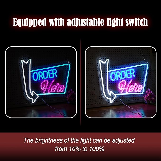 Order Here Neon Sign Led letters Sign Dimmable Order Neon Light for Wall Decor Larger Order Here Light Up Sign for Restaurant Shop Bar Business Neon Decor(16.1 * 12.6 In)