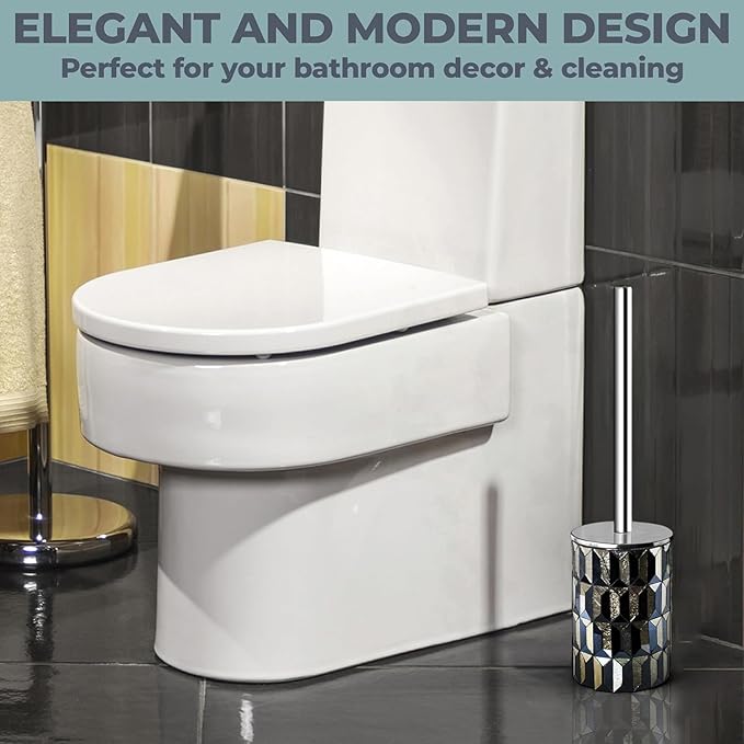 Cute Toilet Brush and Holder Set Mosaic Glass | Non-Rustic Stainless Steel | Practical & Decorative Toilet Bowl Brush and Holder | Luxury Black and Gold Bathroom Accessories (Latest)